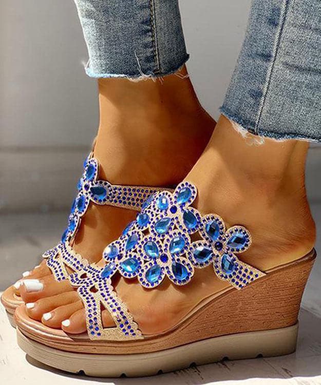 Blue Gemstone High Wedge Heels Faux Leather 2022 Peep Toe Slide Sandals - Slide Sandals - DYAVOR®