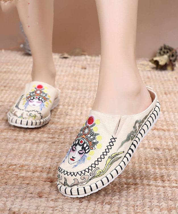 Blue Linen Fabric Unique Bei jing opera Embroideried Slide Sandals - Slide Sandals - DYAVOR®