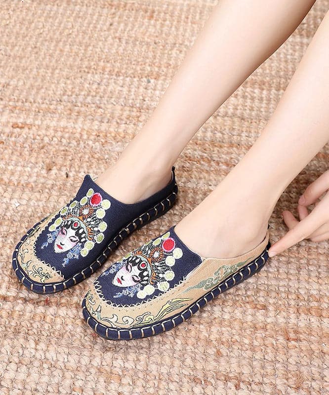 Blue Linen Fabric Unique Bei jing opera Embroideried Slide Sandals - Slide Sandals - DYAVOR®