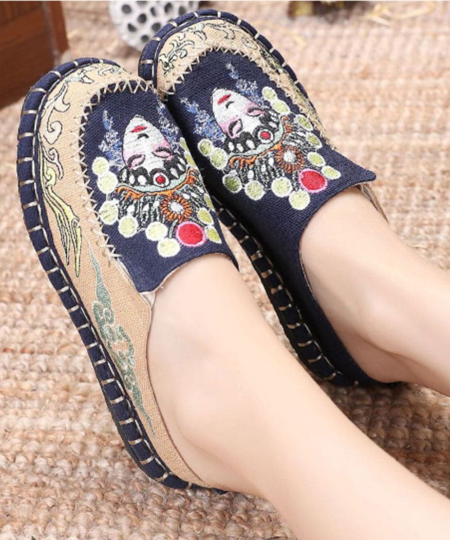 Blue Linen Fabric Unique Bei jing opera Embroideried Slide Sandals - Slide Sandals - DYAVOR®