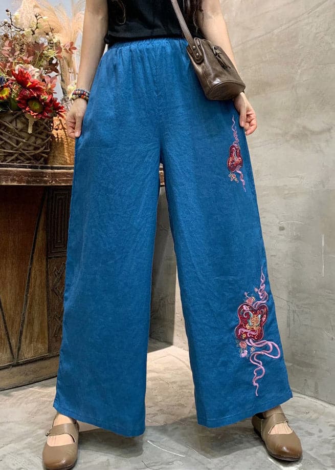 Blue Loose Linen Wide Leg Pants elastic waist Summer - Pants - DYAVOR®