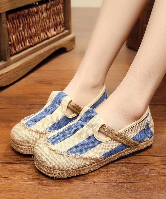 Blue Striped Cotton Fabric Flats Splicing Flat Shoes For Women - Flats Shoes - DYAVOR®