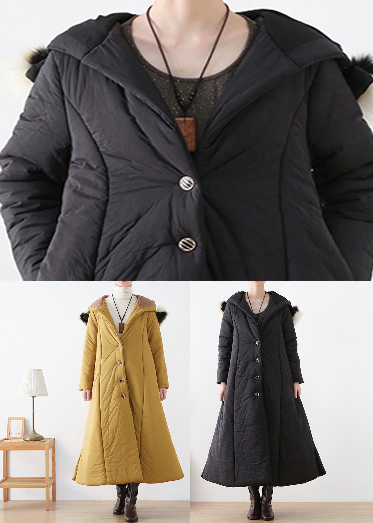 Bohemian Black Button Hooded Long Parka Winter - Down Jackets - DYAVOR®
