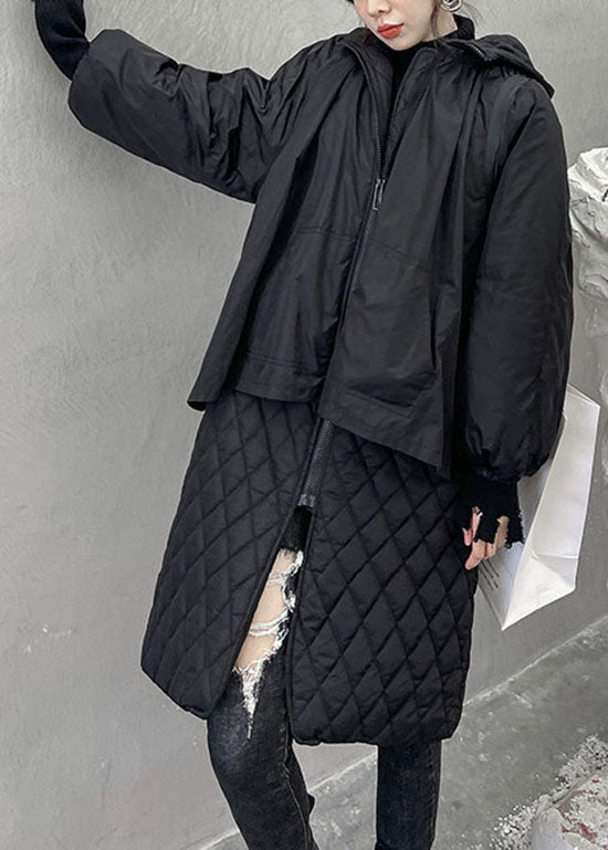 Bohemian Black Hooded Plaid Patchwork Fine Cotton Filled coats Winter - Down Jackets - DYAVOR®