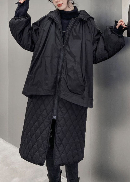 Bohemian Black Hooded Plaid Patchwork Fine Cotton Filled coats Winter - Down Jackets - DYAVOR®
