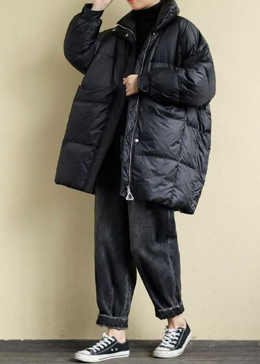 Bohemian Black Stand Collar Oversized Pockets Duck Down Puffers Jackets Winter - Down Jackets - DYAVOR®