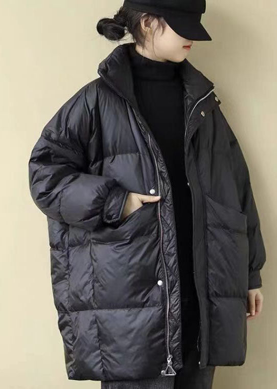 Bohemian Black Stand Collar Oversized Pockets Duck Down Puffers Jackets Winter - Down Jackets - DYAVOR®