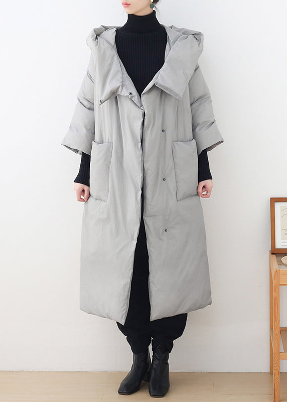 Bohemian Grey Button Pockets Hooded Down Coat Long Sleeve - Down Jackets - DYAVOR®
