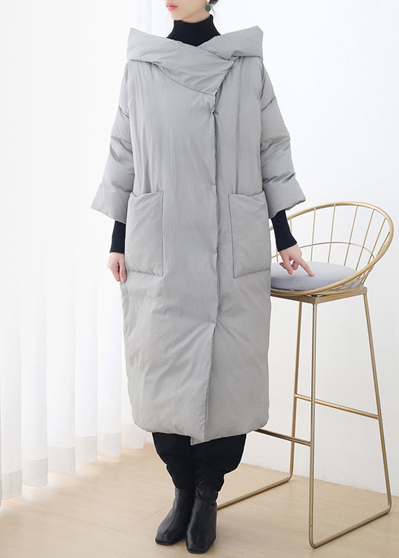 Bohemian Grey Button Pockets Hooded Down Coat Long Sleeve - Down Jackets - DYAVOR®