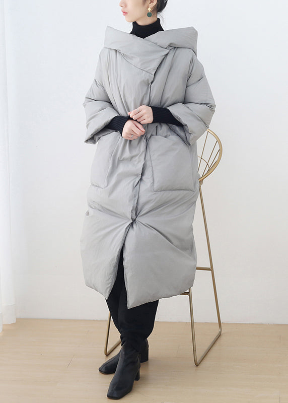 Bohemian Grey Button Pockets Hooded Down Coat Long Sleeve - Down Jackets - DYAVOR®