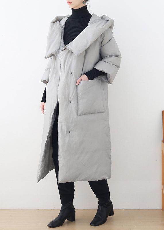 Bohemian Grey Button Pockets Hooded Down Coat Long Sleeve - Down Jackets - DYAVOR®
