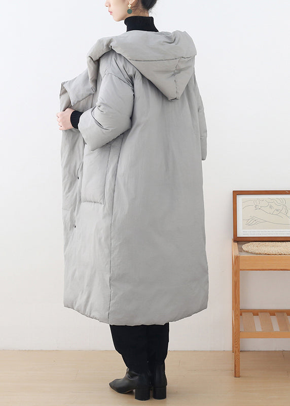 Bohemian Grey Button Pockets Hooded Down Coat Long Sleeve - Down Jackets - DYAVOR®