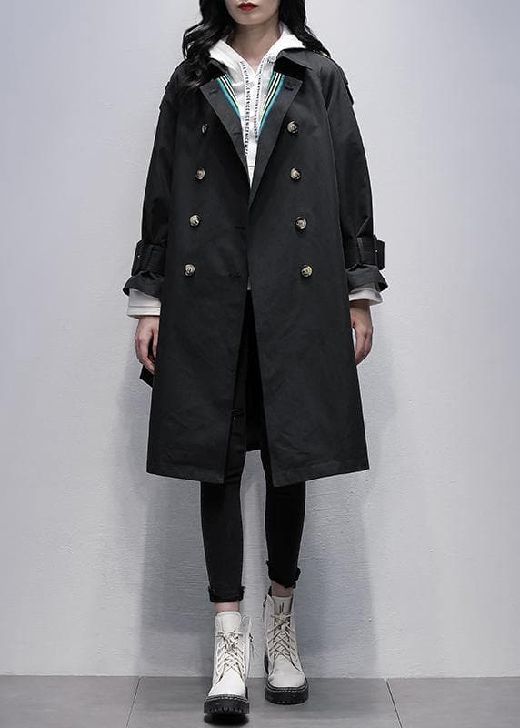 Bohemian Notched tie waist Fine trench coat black Knee coats - - DYAVOR®