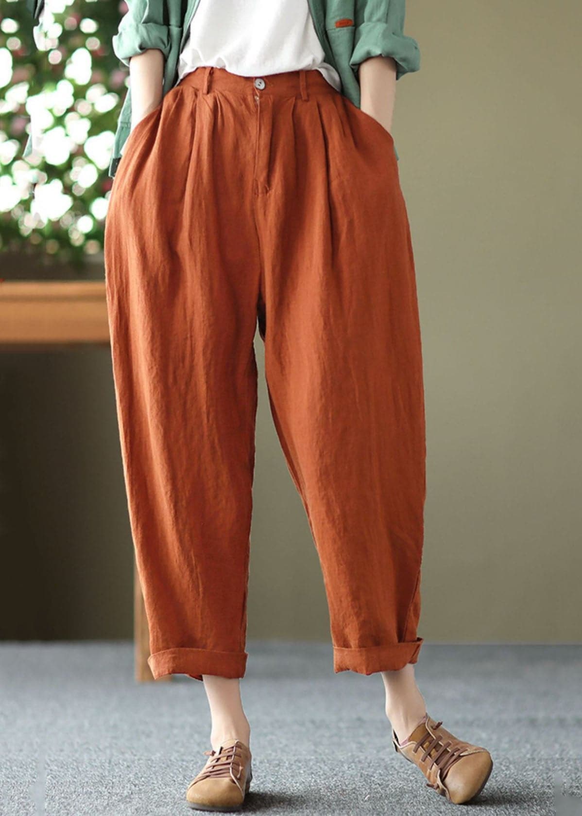 Bohemian Orange High Waist Pockets Original Design Linen Harem Pants Summer - Pants - DYAVOR®