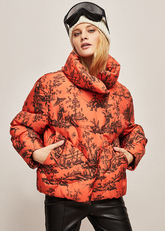Bohemian Orange Stand Collar Zip Up Print Duck Down Jackets Winter - Down Jackets - DYAVOR®