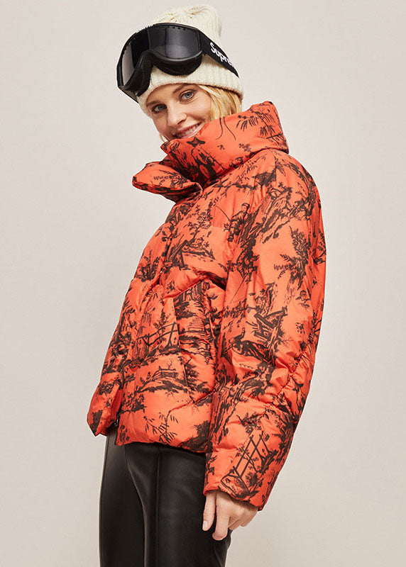 Bohemian Orange Stand Collar Zip Up Print Duck Down Jackets Winter - Down Jackets - DYAVOR®