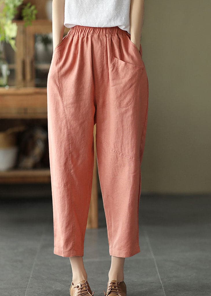 Bohemian Pink Elastic Waist Pockets Linen Crop Pants Summer - Crop Pants - DYAVOR®