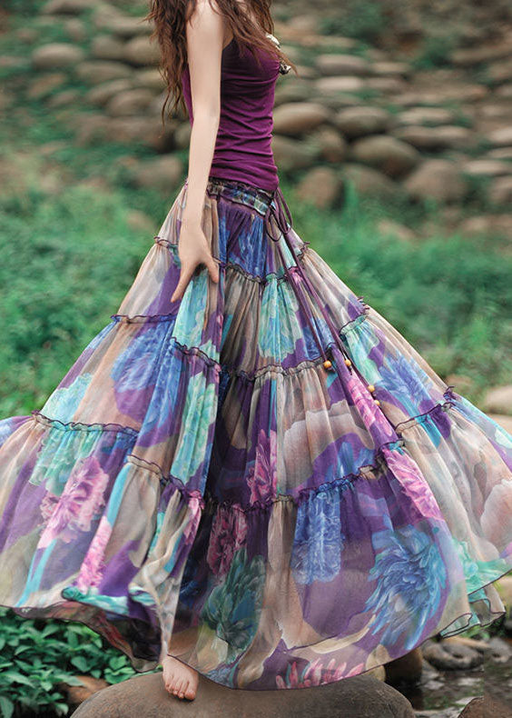 Bohemian Purple Drawstring Wrinkled Patchwork Print Chiffon Skirt Summer - Skirts - DYAVOR®
