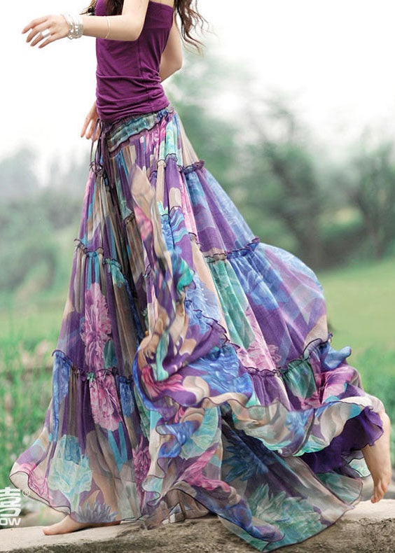 Bohemian Purple Drawstring Wrinkled Patchwork Print Chiffon Skirt Summer - Skirts - DYAVOR®