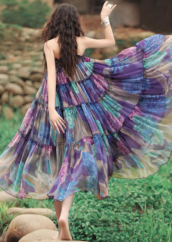 Bohemian Purple Drawstring Wrinkled Patchwork Print Chiffon Skirt Summer - Skirts - DYAVOR®