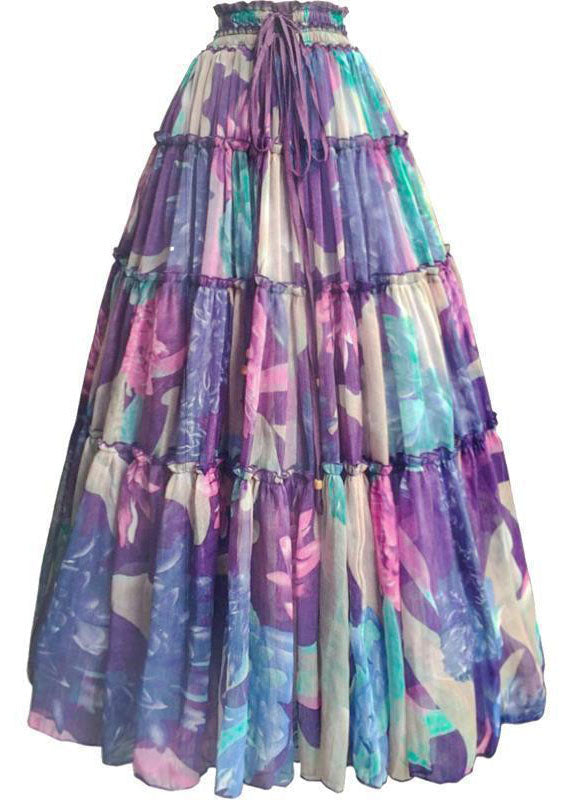 Bohemian Purple Drawstring Wrinkled Patchwork Print Chiffon Skirt Summer - Skirts - DYAVOR®
