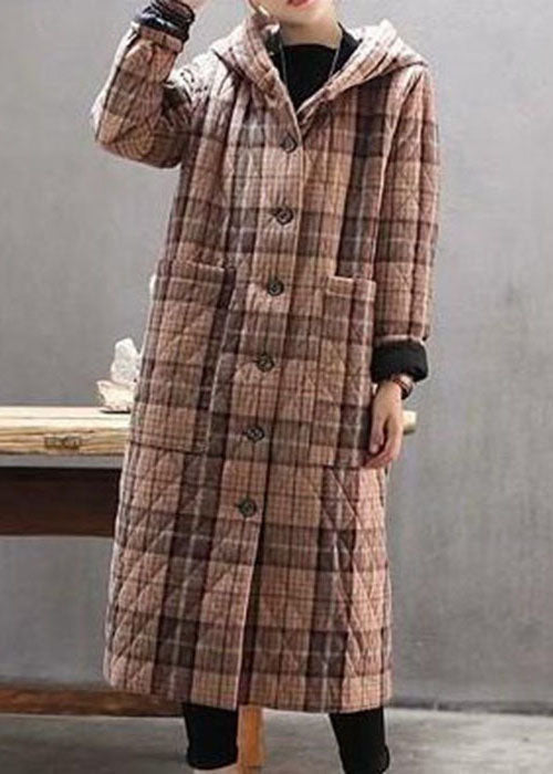 Bohemian Red Hooded Plaid Pockets Fine Cotton Filled Long Coat Outwear Winter - Down Jackets - DYAVOR®