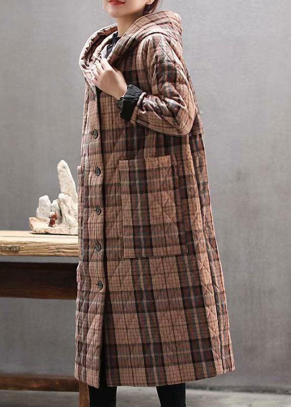 Bohemian Red Hooded Plaid Pockets Fine Cotton Filled Long Coat Outwear Winter - Down Jackets - DYAVOR®