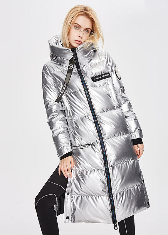 Bohemian Silvery Stand Collar Zip Up Side Open Duck Down Winter Lengthen Coats - Down Jackets - DYAVOR®