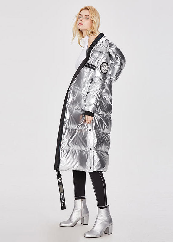 Bohemian Silvery Stand Collar Zip Up Side Open Duck Down Winter Lengthen Coats - Down Jackets - DYAVOR®