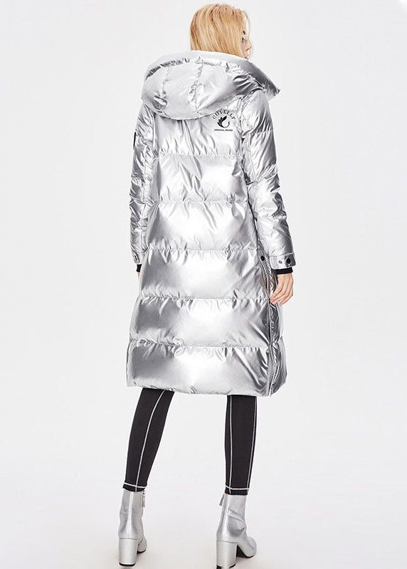Bohemian Silvery Stand Collar Zip Up Side Open Duck Down Winter Lengthen Coats - Down Jackets - DYAVOR®