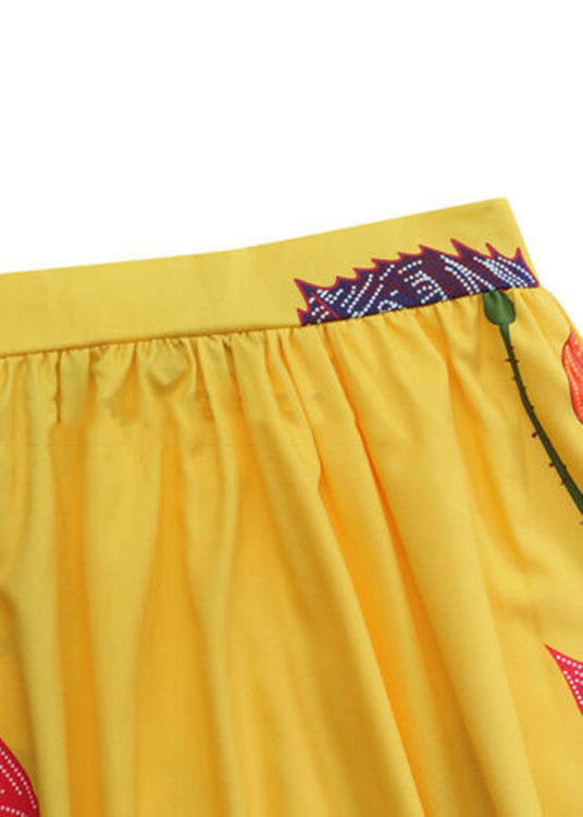 Bohemian Yellow High Waist Pockets Floral Print Cotton A Line Skirt Summer - Skirts - DYAVOR®