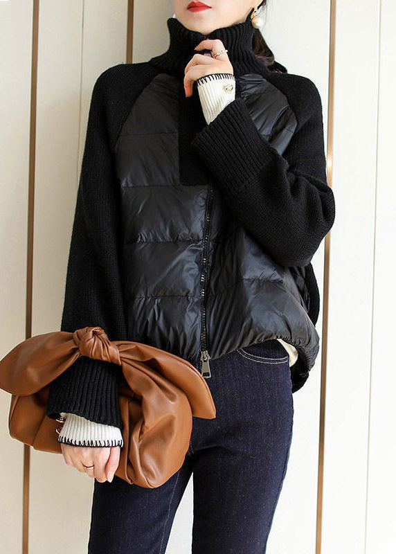 Boho Apricot Turtleneck Zippered Patchwork Knit Parka Long Sleeve - Down Jackets - DYAVOR®