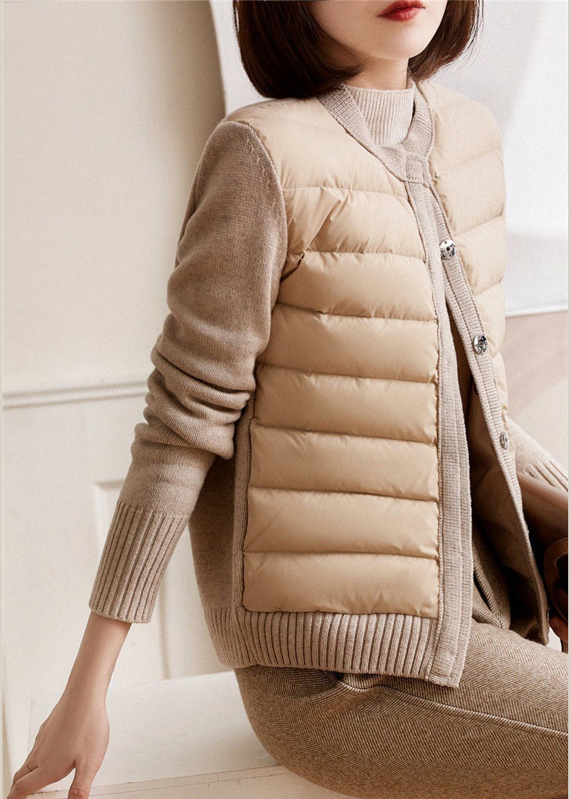 Boho Apricot Turtleneck Zippered Patchwork Knit Parka Long Sleeve - Down Jackets - DYAVOR®