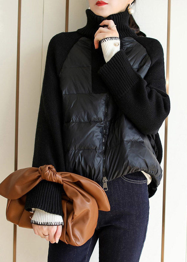 Boho Apricot Turtleneck Zippered Patchwork Knit Parka Long Sleeve - Down Jackets - DYAVOR®