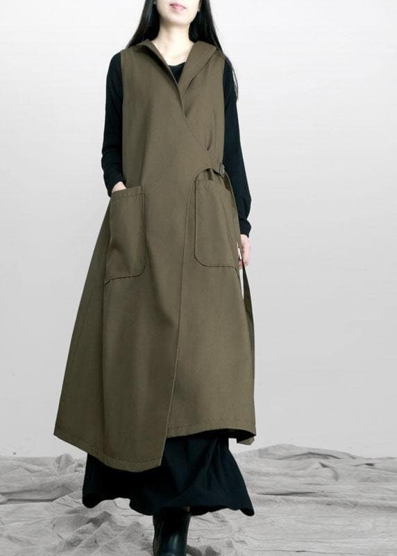 Boho Army Green Asymmetrical Design Pockets Fall Long Waistcoat - Trench coats - DYAVOR®