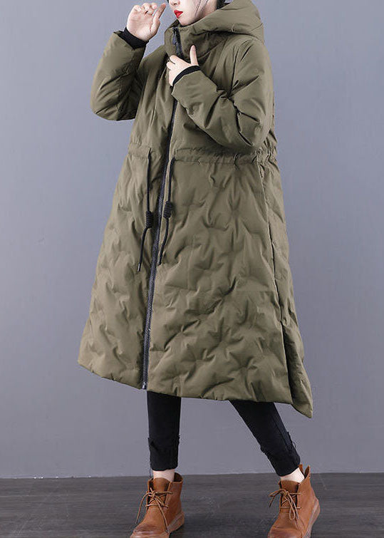 Boho Army Green Hooded Drawstring Side Open Thick Duck Down Down Coats Winter - Down Jackets - DYAVOR®