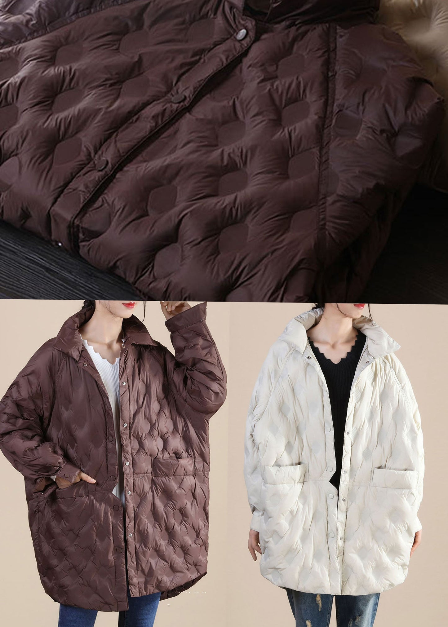 Boho Beige Pockets Patchwork Casual Winter Duck Down Jackets - Down Jackets - DYAVOR®