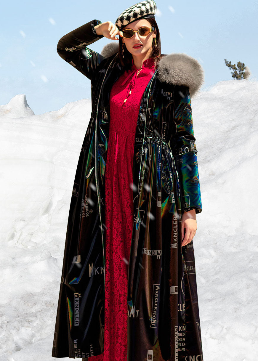 Boho Black Fox collar Drawstring Letter Print Duck Down Puffers Jackets Winter - Down Jackets - DYAVOR®