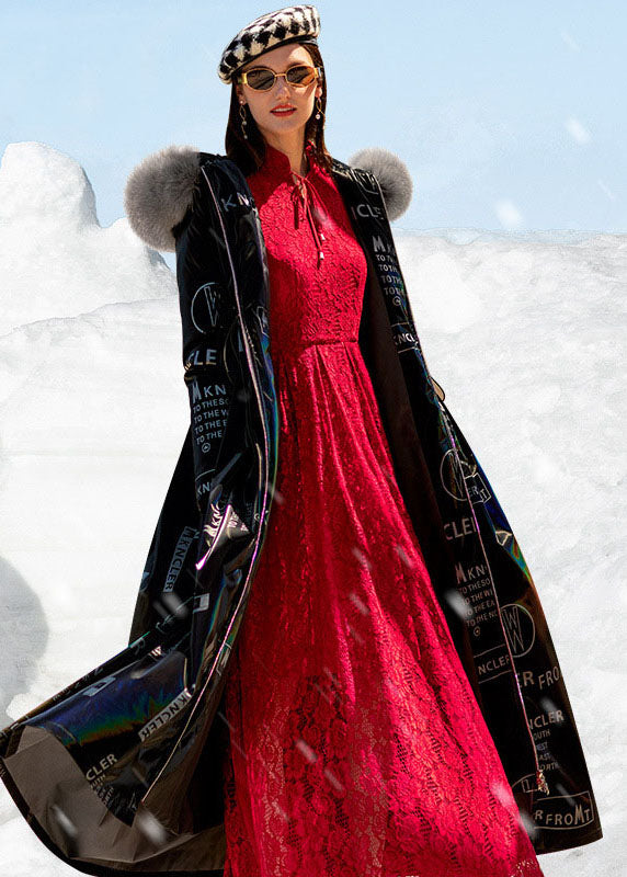 Boho Black Fox collar Drawstring Letter Print Duck Down Puffers Jackets Winter - Down Jackets - DYAVOR®