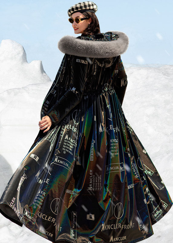 Boho Black Fox collar Drawstring Letter Print Duck Down Puffers Jackets Winter - Down Jackets - DYAVOR®