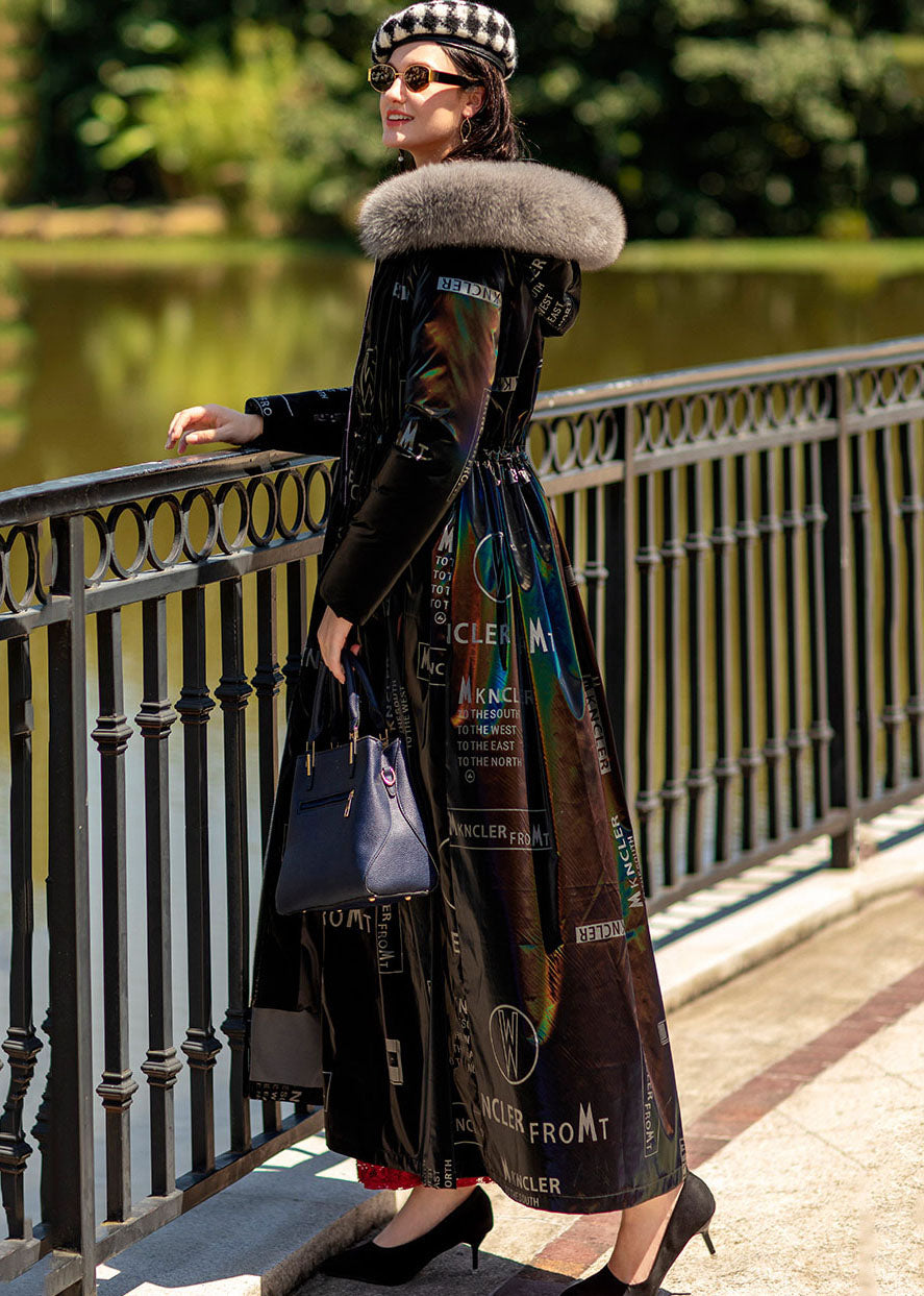 Boho Black Fox collar Drawstring Letter Print Duck Down Puffers Jackets Winter - Down Jackets - DYAVOR®