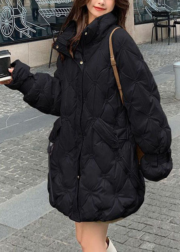 Boho Black Stand Collar Zip Up Embroideried Duck Down Jackets Winter - Down Jackets - DYAVOR®