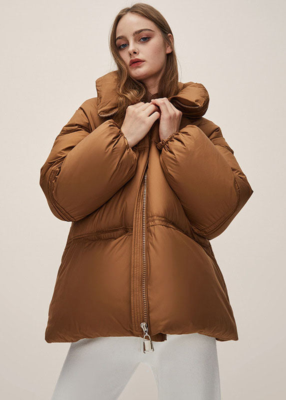 Boho Brown Stand Collar Zippered Thick Duck Down Puffer Jacket Winter - Down Jackets - DYAVOR®
