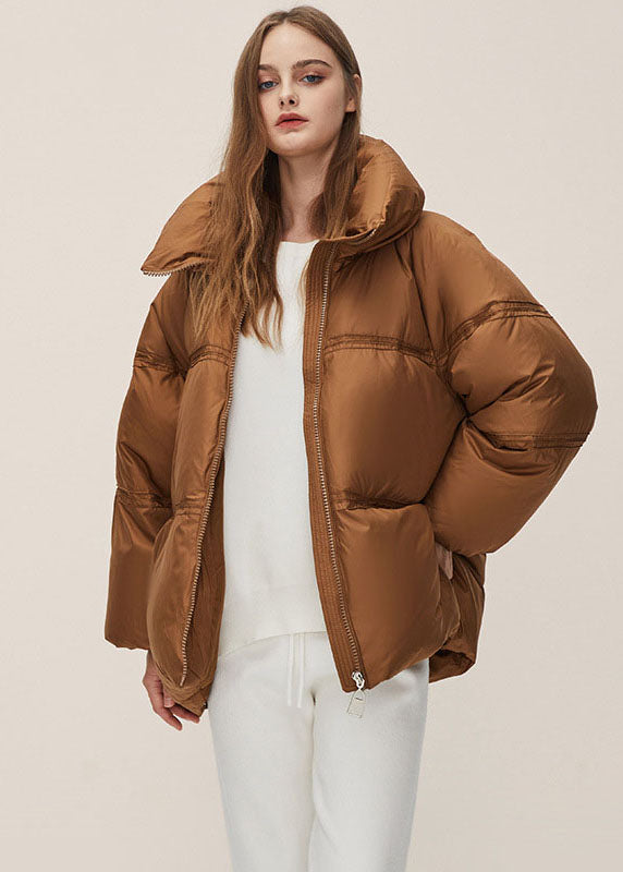 Boho Brown Stand Collar Zippered Thick Duck Down Puffer Jacket Winter - Down Jackets - DYAVOR®