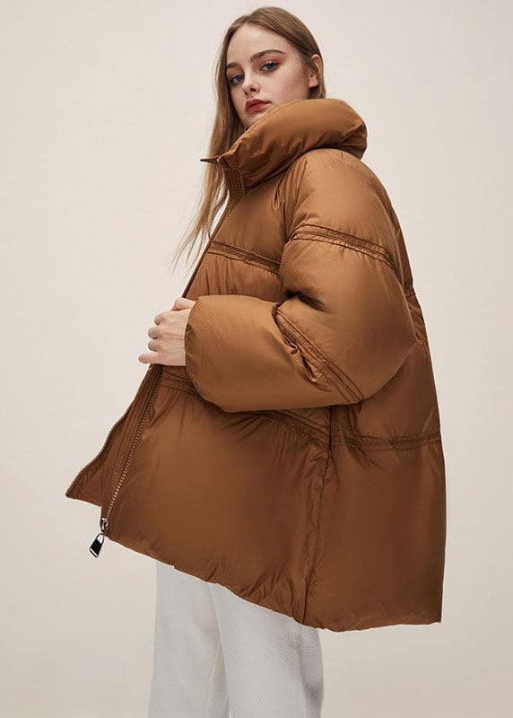 Boho Brown Stand Collar Zippered Thick Duck Down Puffer Jacket Winter - Down Jackets - DYAVOR®