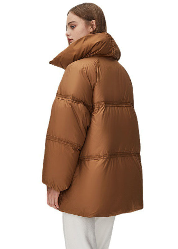 Boho Brown Stand Collar Zippered Thick Duck Down Puffer Jacket Winter - Down Jackets - DYAVOR®