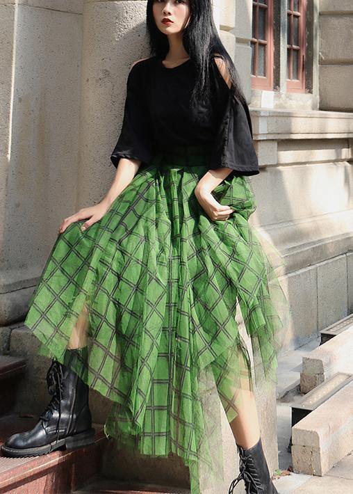 Boho Green Plaid tulle asymmetrical design Skirt Summer - Skirts - DYAVOR®