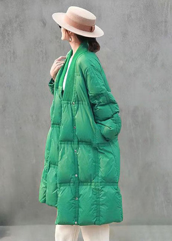 Boho Green V Neck Solid Thick Duck Down Down Jacket Winter - Down Jackets - DYAVOR®