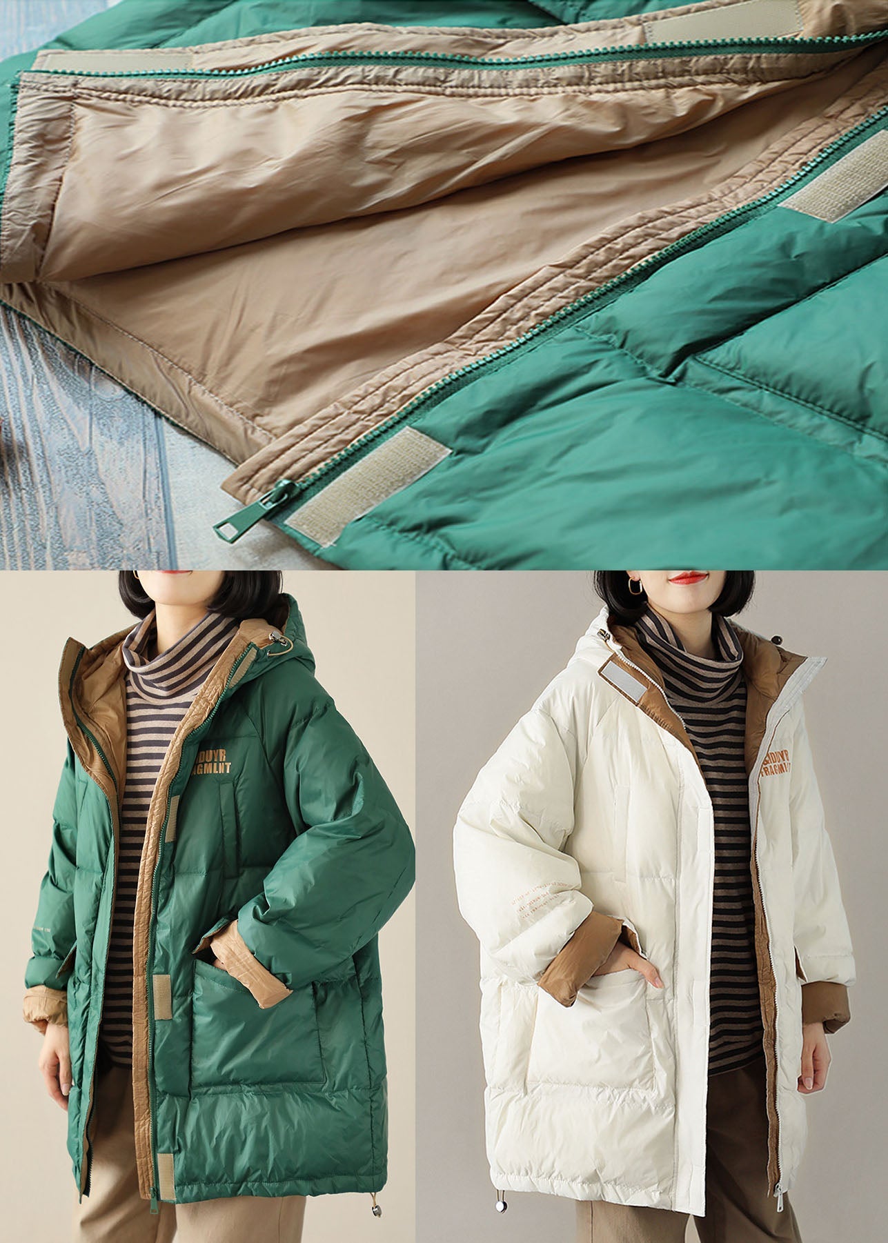 Boho Green zippered Graphic Loose Winter Duck Down Puffer - Down Jackets - DYAVOR®