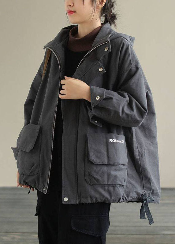 Boho Grey Zippered Loose Casual Drawstring Fall Long Sleeve Coat - Down Jackets - DYAVOR®